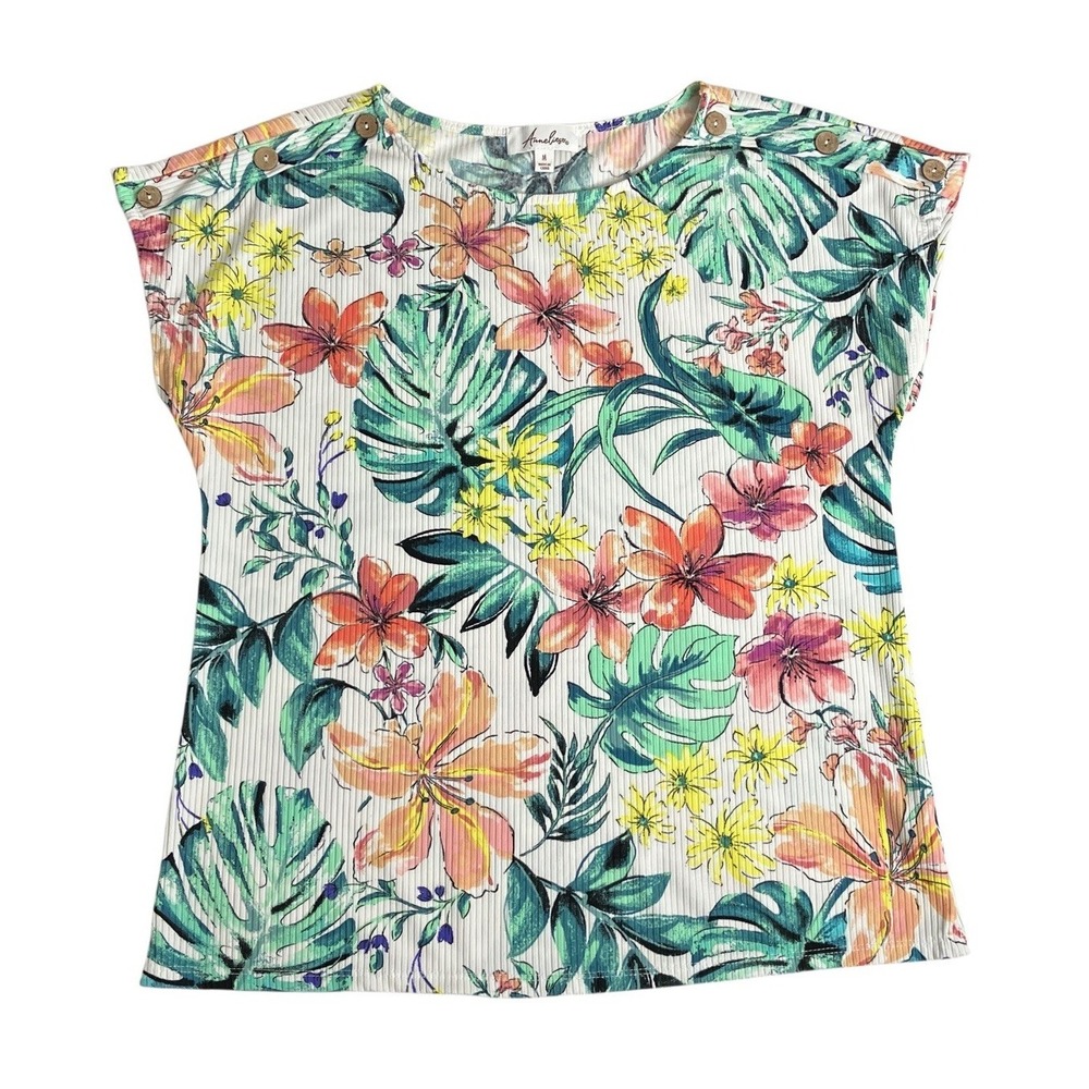 Anneliese Top Womens L White Floral Ribbed Button Cottagecore Tropical Resort‎